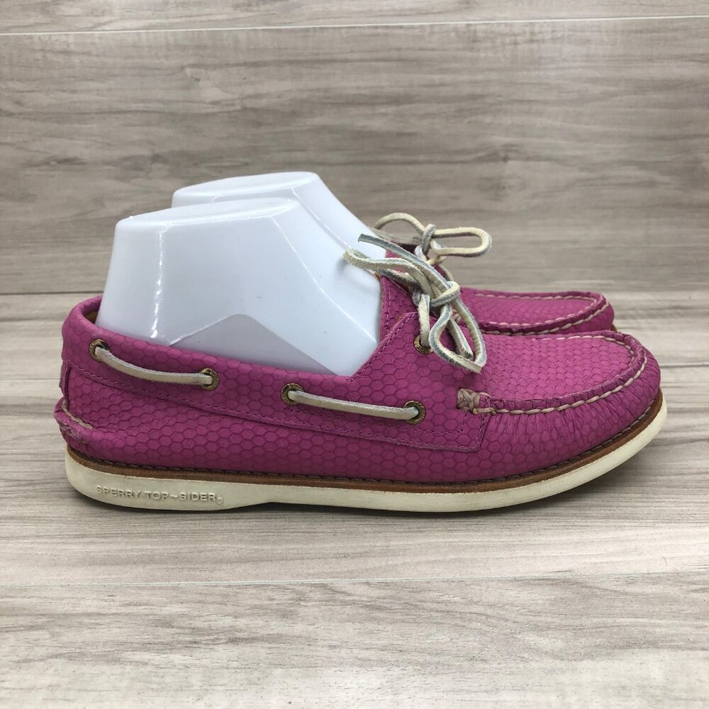 Sperry Boat Shoes Womens 7M Top Sider Gold Cup Pink Leather Slip On Loafers